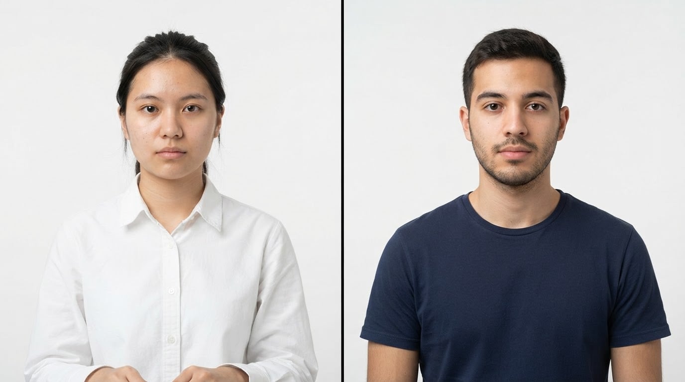 白いシャツが白い背景に溶け込む例と、ネイビーのシャツがはっきり映える例を並べた比較写真